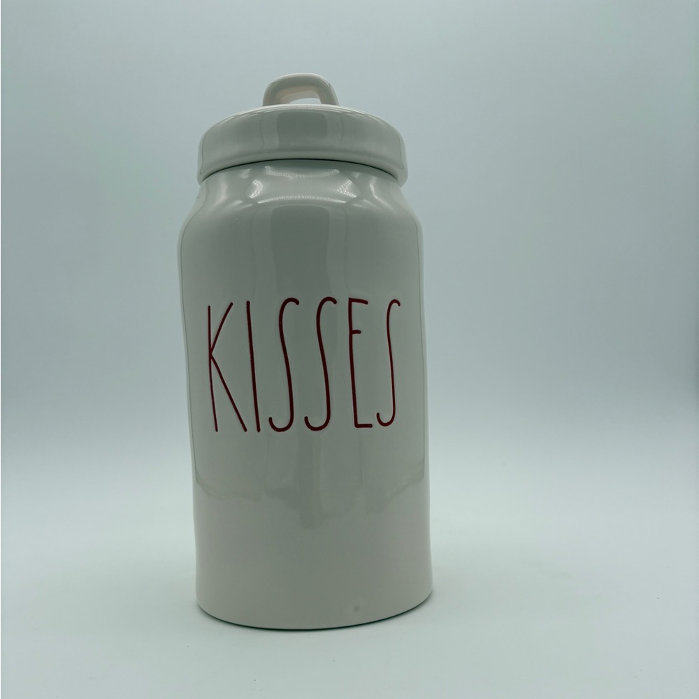 Pre Owned Rae Dunn Valentine White With Red Lettering  Kisses Canister With Lid